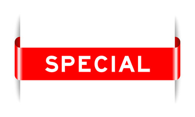 Red color inserted label banner with word special on white background