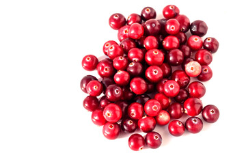 Ripe useful cranberries gathered in a swamp lie on an isolated white background. 