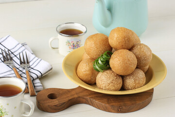 Selected Focus Close Up Tahu Bulat (Round Tofu), Indonesian Favorite Dish, Deep Fried and Seasoned with Seasoning Powder.