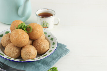 Tahu Bulat (Round Tofu), Indonesian Favorite Dish, Deep Fried and Seasoned with Seasoning Powder. Copy Space for Text