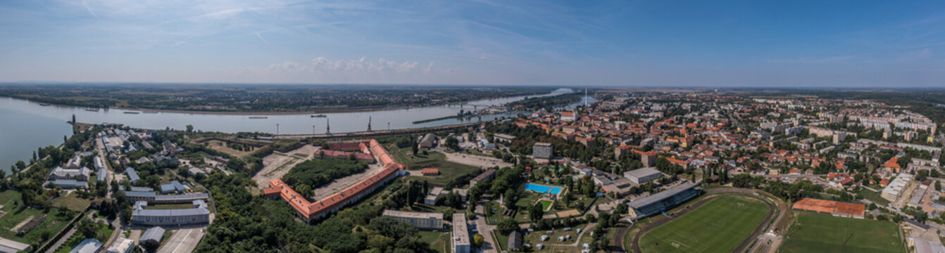 Aerial view of Komarno Komarom border town between Slovakia and Hungary separated by the Danube river with medieval fortress and bridge between the two countries