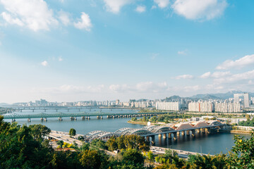 Panoramic view of Seoul city and Han river park in Korea