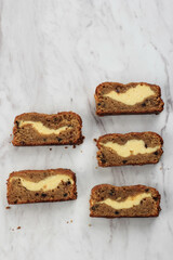 Top View Sliced Banana Bread (Banana Cake) with Cream Cheese Filling with Copy Space