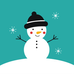 A baby snowman in a hat stands in the snow