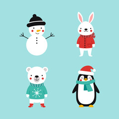 Set of cute forest animals in warm clothes. Vector cartoon characters illustration