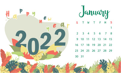 Calendar template for January 2022 with the week starting on Sunday. with the addition of simple illustrations and eps 10, the natural leaf theme is easy to apply to all media