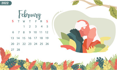 Calendar template for february 2022 with the week starting on Sunday. with the addition of simple illustrations and eps 10, the natural leaf theme is easy to apply to all media