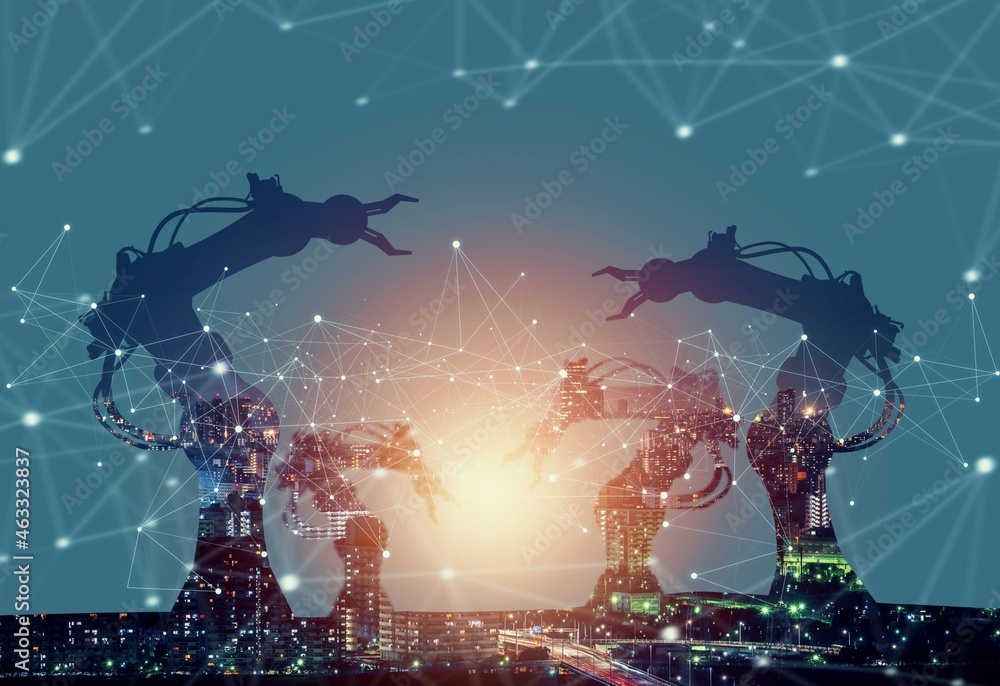 Poster mechanized industry of future factory double exposure image . concept of robotics technology for ind