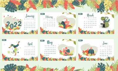 Fototapeta premium Calendar template for 2022, January to June with the week starting on Sunday. with the addition of simple illustrations and eps 10, the natural leaf theme is easy to apply to all media