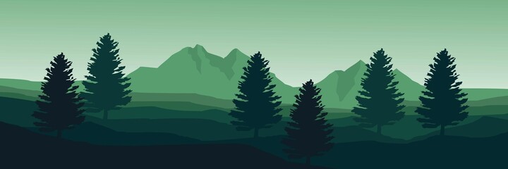 Fototapeta premium green mountain landscape with tree silhouette good for wallpaper, backdrop, banner, web banner, background and design template