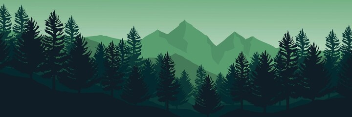 green mountain landscape with tree silhouette good for wallpaper, backdrop, banner, web banner, background and design template