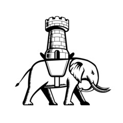 Retro woodcut style illustration of an elephant wearing a saddle with a castle or single tower on top viewed from side on isolated background done in black and white.