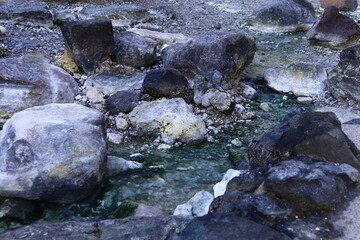 草津温泉、西の河原公園。荒れ地に温泉が湧く。緑色に見えるのは紅藻類の「イデユコゴメ」
