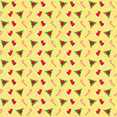 Christmas Wallpaper with Seamless Pattern Elements of Candy Cane, Red Hat and Holly Leaf.