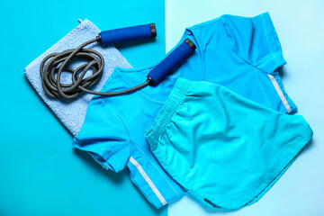 Sportswear, skipping rope and towel on color background