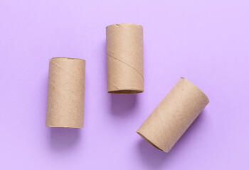Empty toilet paper tubes on color background