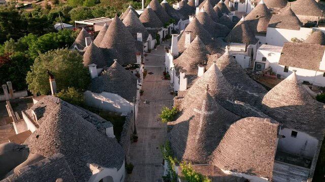 Beautiful aerial view of the traditional trulli houses in Alberobello, province Bari, region Puglia, Italy