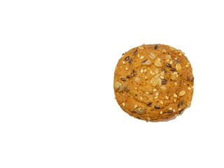 Oatmeal cookies with cereals and nuts on a white background. View from above.