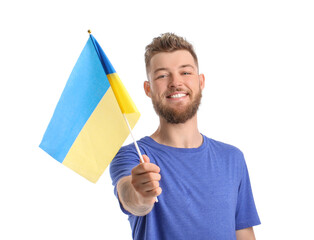 Happy young man with Ukrainian flag on white background