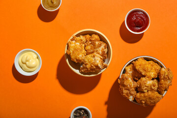 Bowls with tasty popcorn chicken and sauces on color background