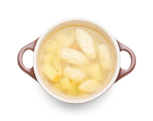 Pot with tasty dumpling soup on white background