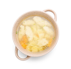 Pot with tasty dumpling soup isolated on white background