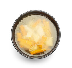Bowl of tasty dumpling soup on white background