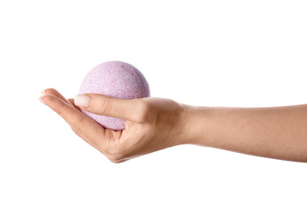 Female hand with bath bomb on white background, closeup