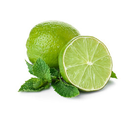 Fresh lime with mint leaves on white background