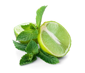 Fresh lime with mint leaves on white background