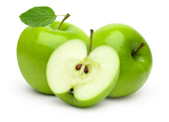 Fresh green apple fruit and halves with leaves isolated on white background..