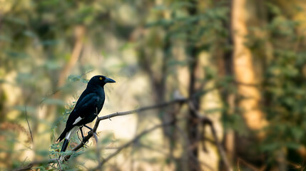 A native Australian bird, a magpie, perched on wooden branch in garden tree in garden with golden sunlight background.