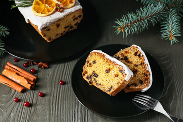 Tasty Christmas stollen on table