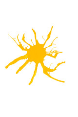 Orange-yellow ink splash, brush stroke, black ink blot isolated on white background.