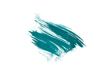 Aqua-blue paint, ink brush strokes, brushes, lines against on white background.