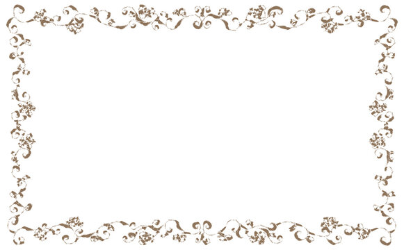 植物の蔓と花をモチーフにしたフレーム素材イラスト。レトロ風。ラフ風ブラシタッチ。