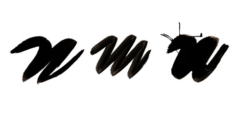 A set of three  black and white brush strokes isolated on white background.