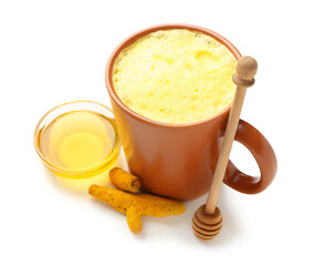 Cup of tasty homemade turmeric latte with honey on white background