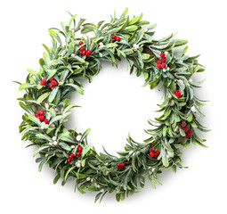 Beautiful mistletoe wreath on white background