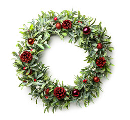 Beautiful mistletoe wreath on white background