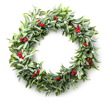 Beautiful Mistletoe Wreath On White Background