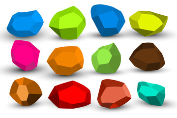 Cartoon stones. Rock stone isometric set. Colorful boulders, natural building block shapes, wall stones. 3d flat isolated illustration. Vector collection