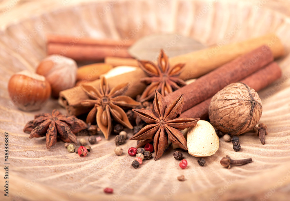 Sticker Traditional Christmas spices - Star anise with cinnamon and cloves on dark rustic wooden background