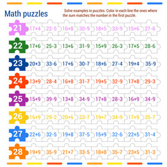  Math puzzle game. Solve the examples in the jigsaw puzzles. Color in each row the ones in which the sum matches the number in the first puzzle