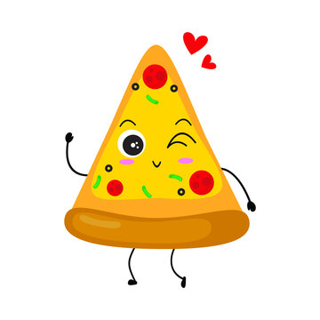 Kawaii cartoon triangular pizza slice icon. Character of cute sliced pizza bread. chibi. Illustration emoji bread man in flat style. adorable, lovely, wink