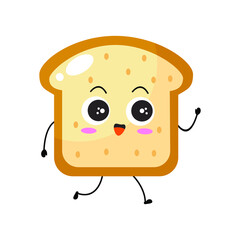 Kawaii cartoon toast bread icon. Character of sliced toast bread. chibi. Illustration emoji bread man in flat style. enjoy walking