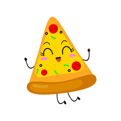 Kawaii cartoon triangular pizza slice icon. Character of cute sliced pizza bread. chibi. Illustration emoji bread man in flat style. cheerfull, happy, jumping