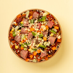 Beef Chili Bowl on rice with cheese and fresh vegetables 