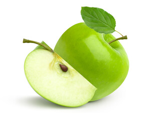 Fresh green apple fruit and slice with leaves isolated on white background.	