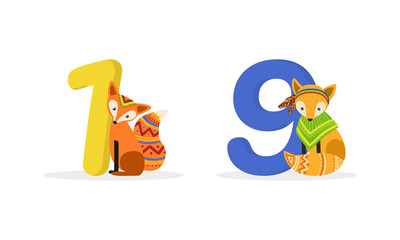 Number or Numeral with Cute Fox Animal Isolated on White Background Vector Set